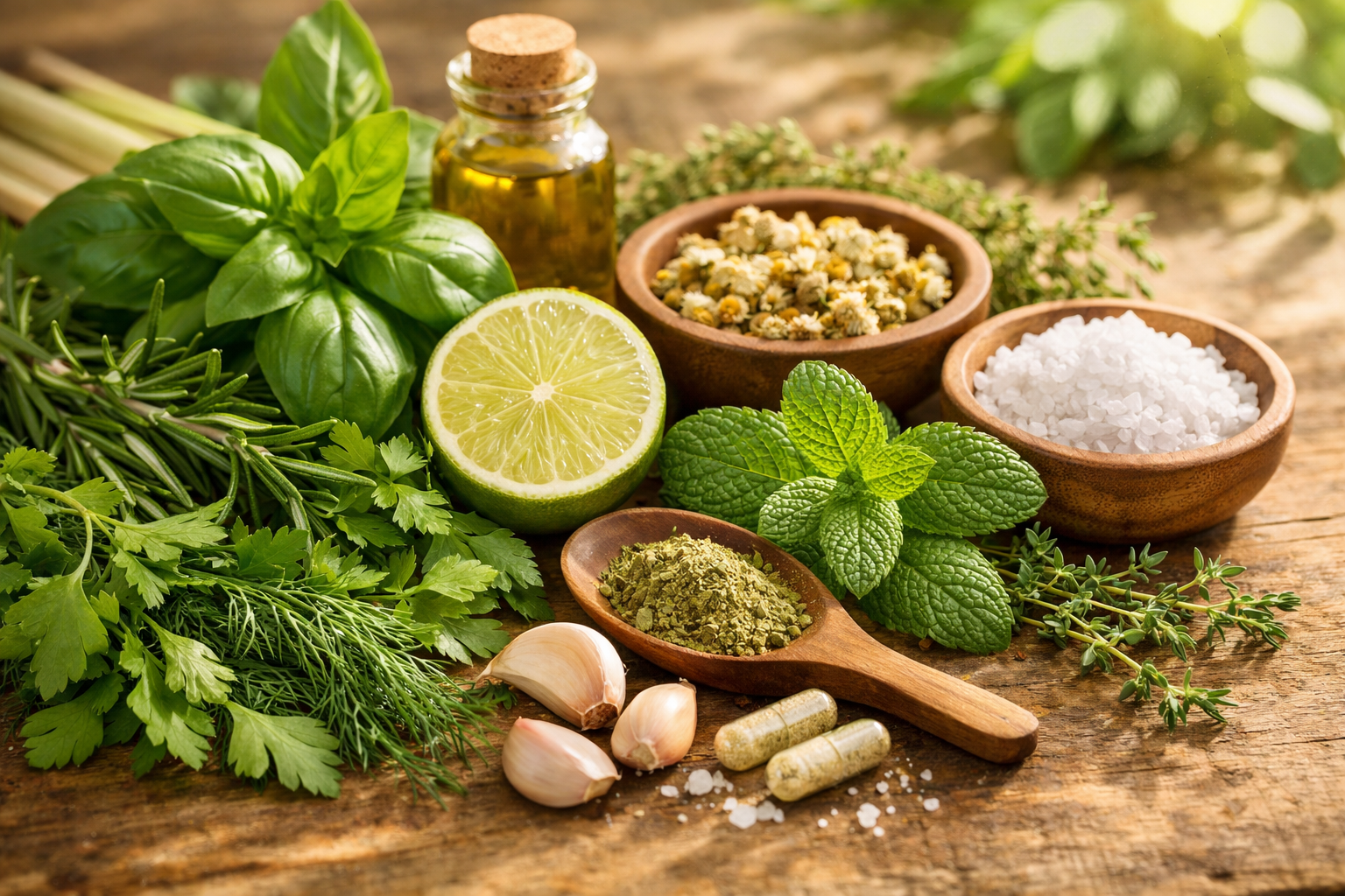 Arrangement of fresh herbs, green leaves, and natural botanical ingredients on a light cream background, soft morning light, gentle composition suggesting natural wellness and vitality