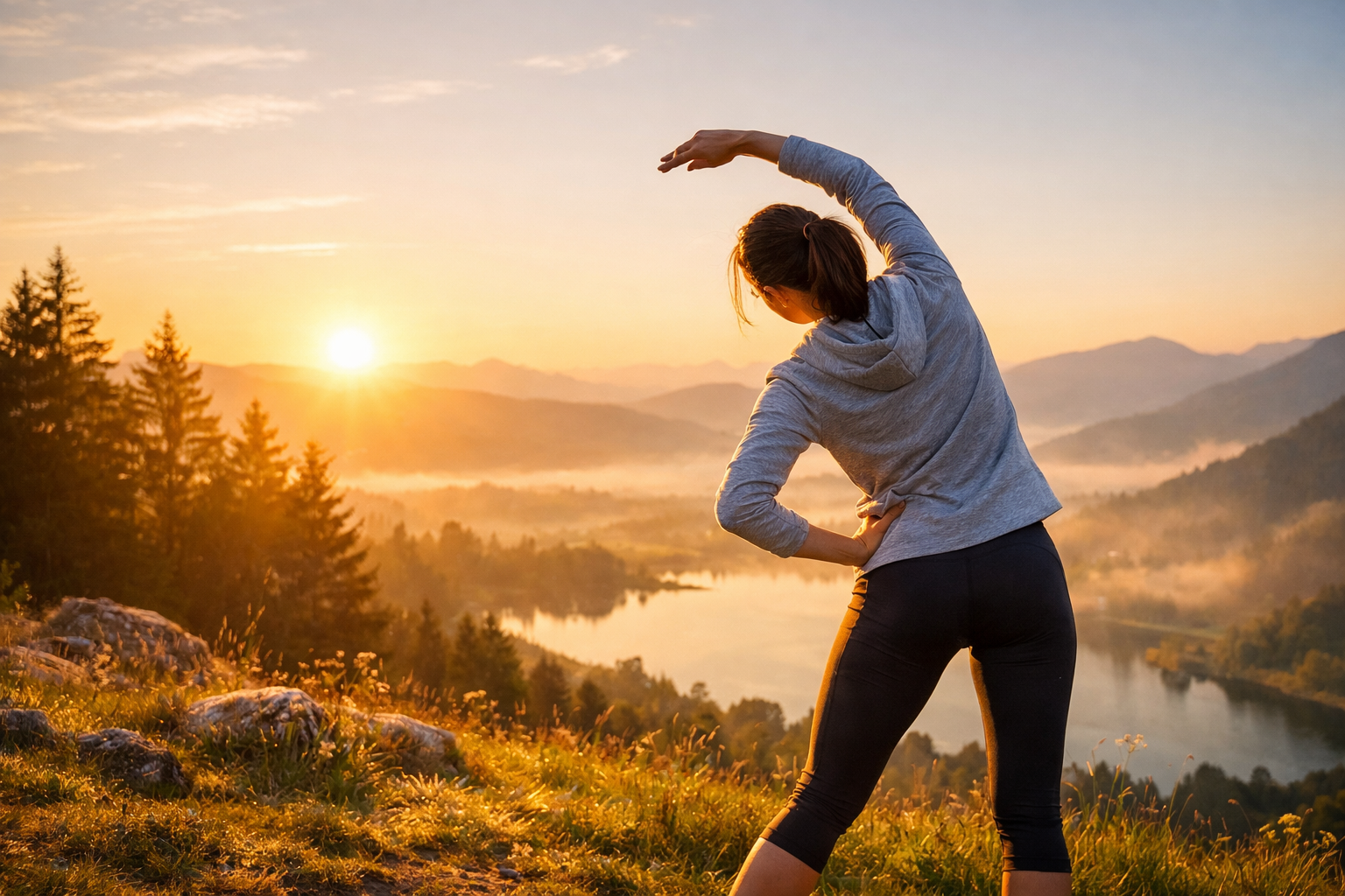 Person doing light stretching outdoors in a peaceful natural setting with soft golden sunlight, surrounded by greenery, conveying active lifestyle and daily energy